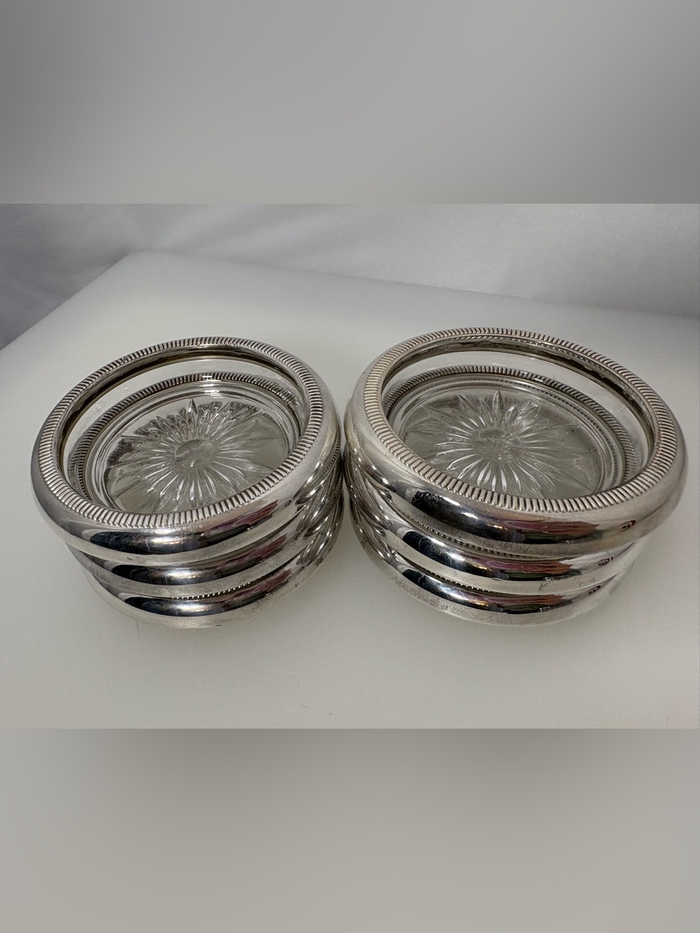 Set of 6 Vintage Sterling Silver Glass Insert Coasters Stamped Crown Sterling